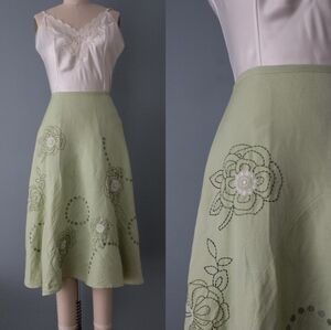 Vintage Cervelle A-Line Linen Blend Floral Embroidered Pistachio Green Skirt L